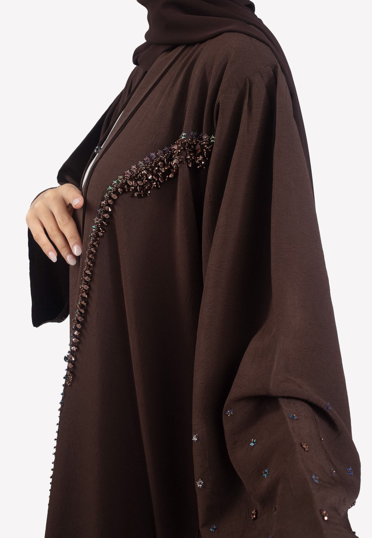 Details - Cocoa Crepe Open Abaya with Embellishments