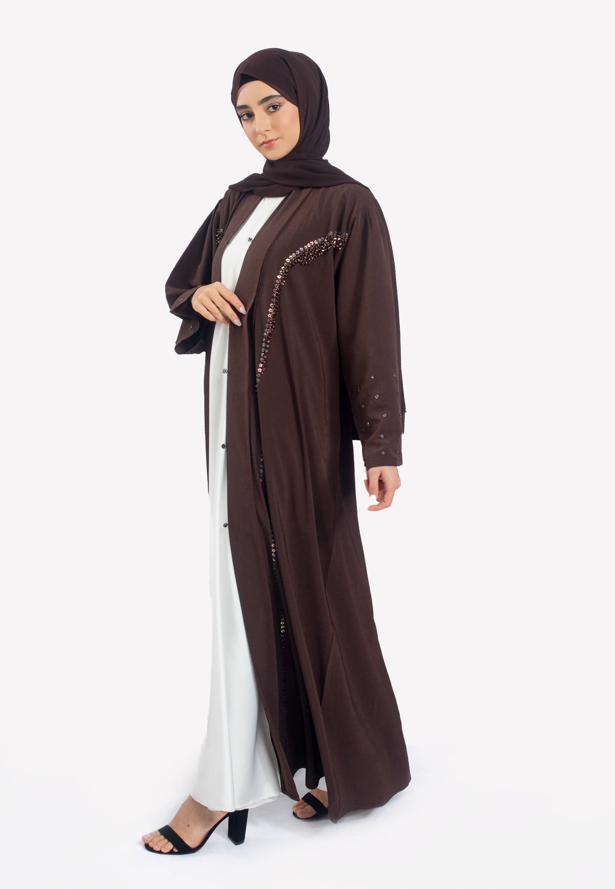 Cocoa Crepe Open Abaya with Embellishments