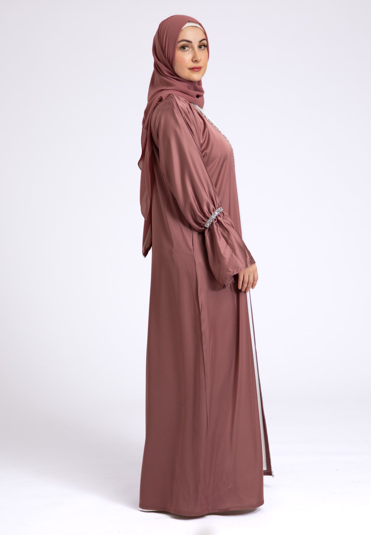 Dusky Mauve Satin Open Abaya Set