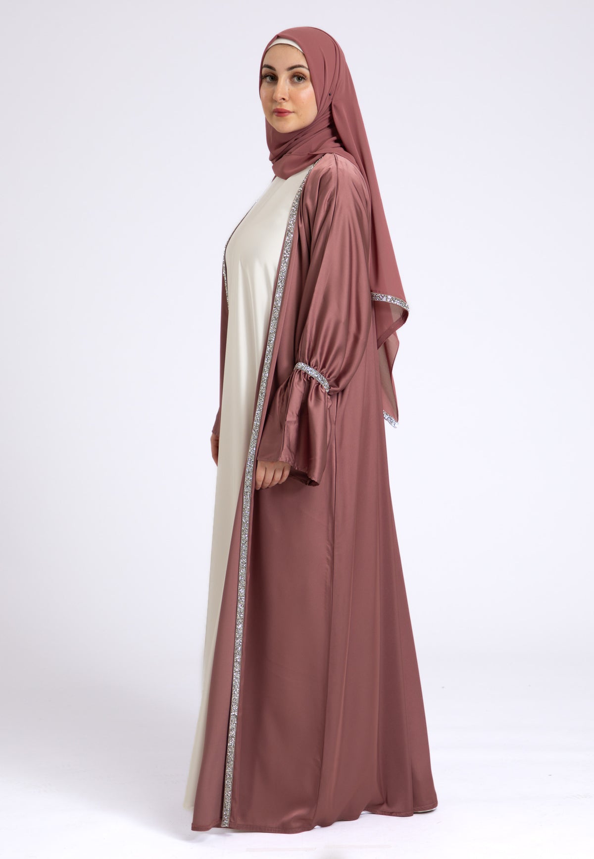 Dusky Mauve Satin Open Abaya Set
