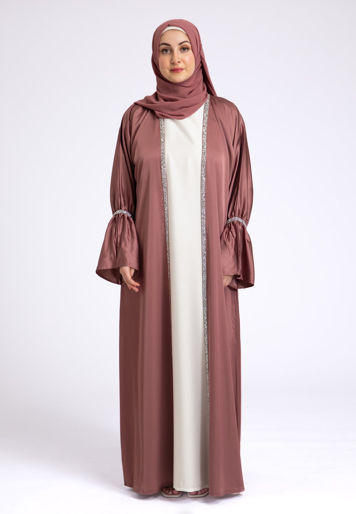 Dusky Mauve Satin Open Abaya Set