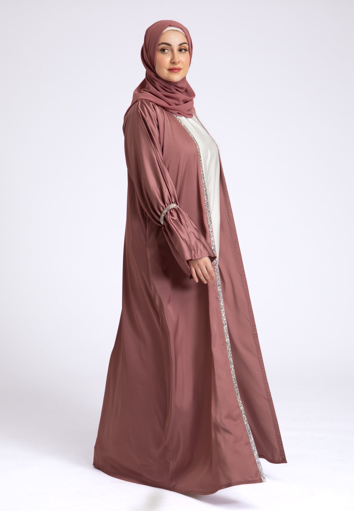 Dusky Mauve Satin Open Abaya Set