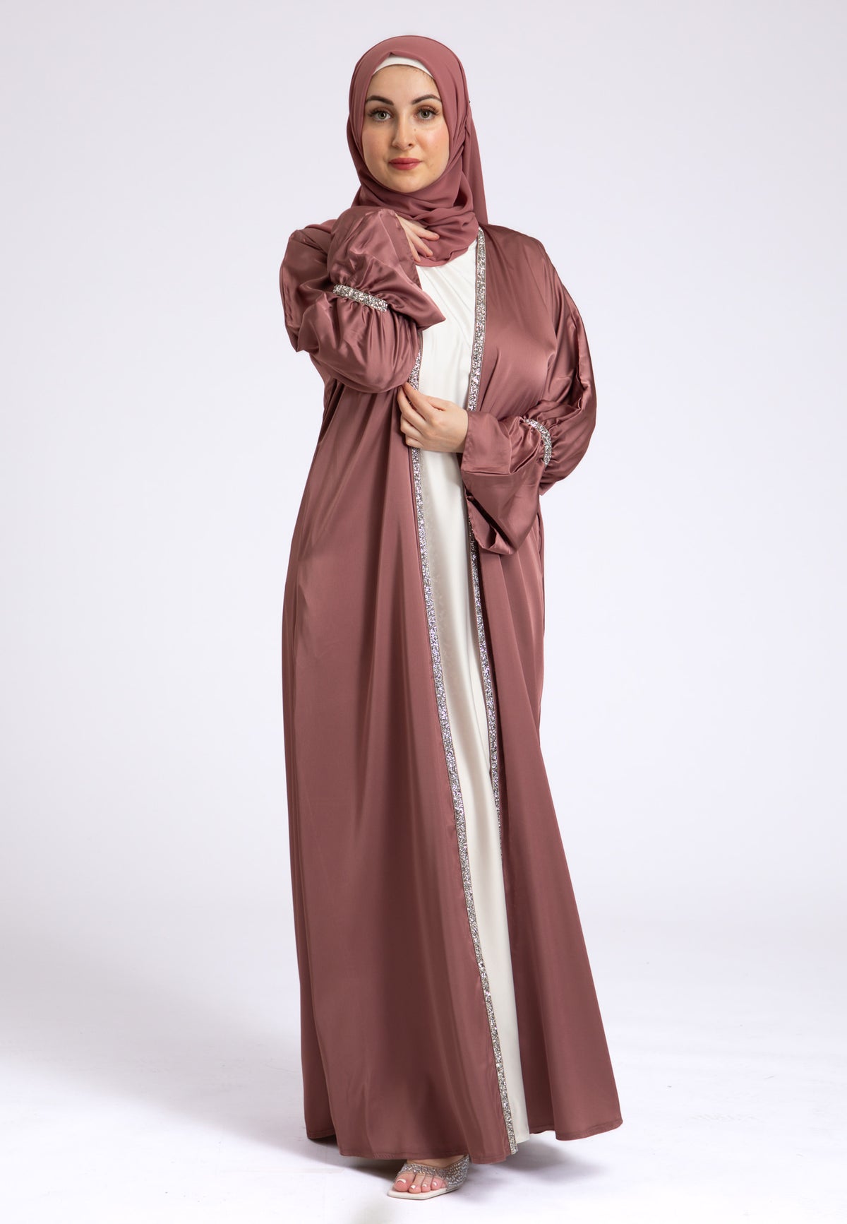 Dusky Mauve Satin Open Abaya Set