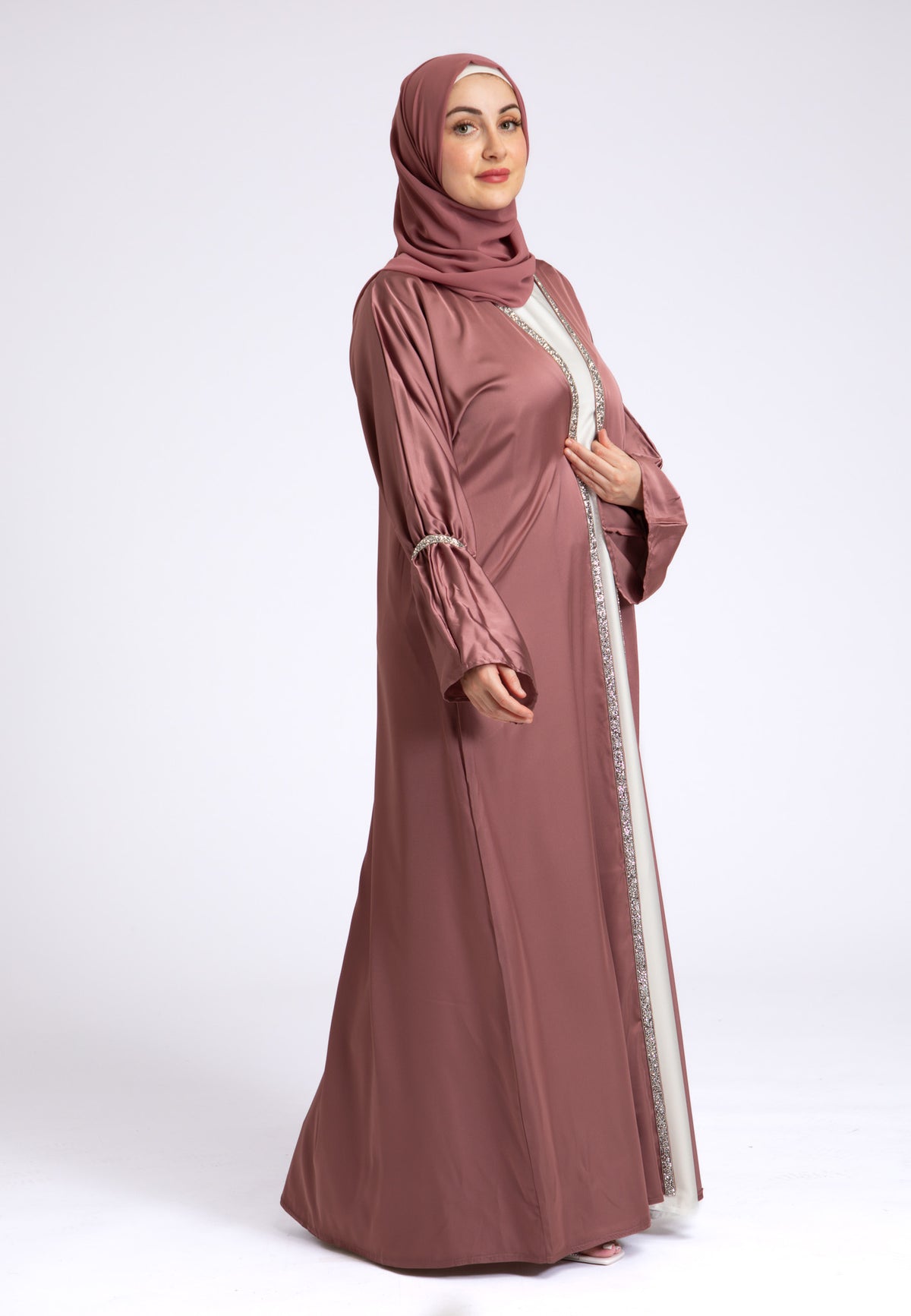 Dusky Mauve Satin Open Abaya Set