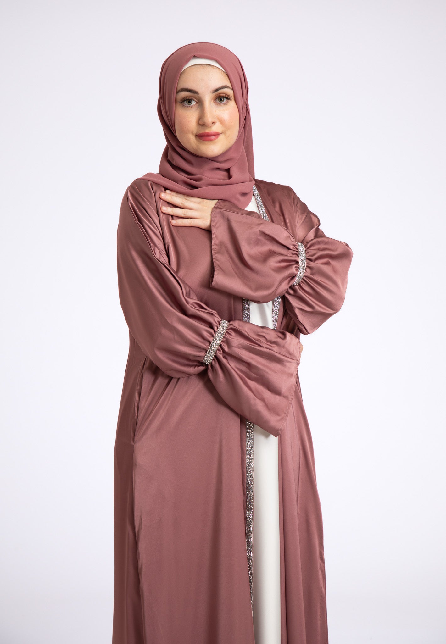 Dusky Mauve Satin Open Abaya Online | Hayah Al-Muslimah UK Online