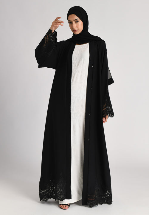 Elegant Black Net Lace Open Abaya (Premium)