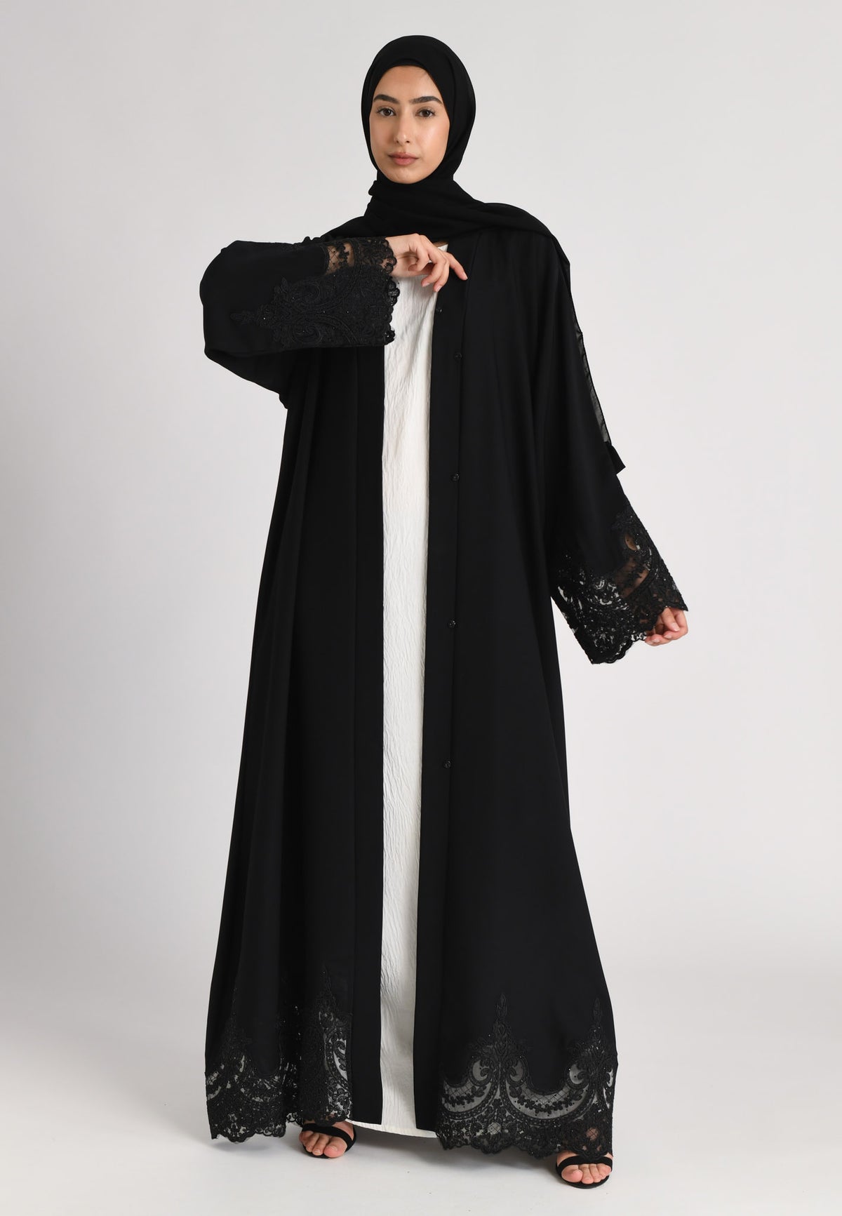 Elegant Black Net Lace Open Abaya