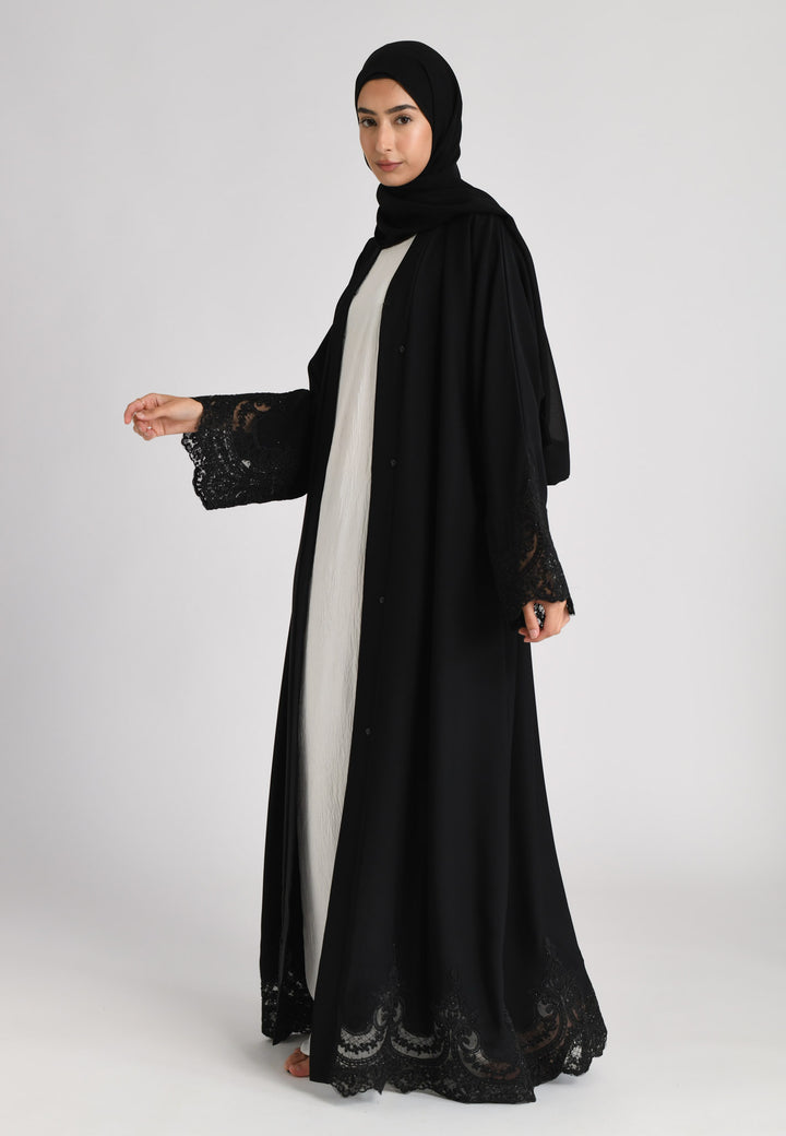 Elegant Black Net Lace Open Abaya
