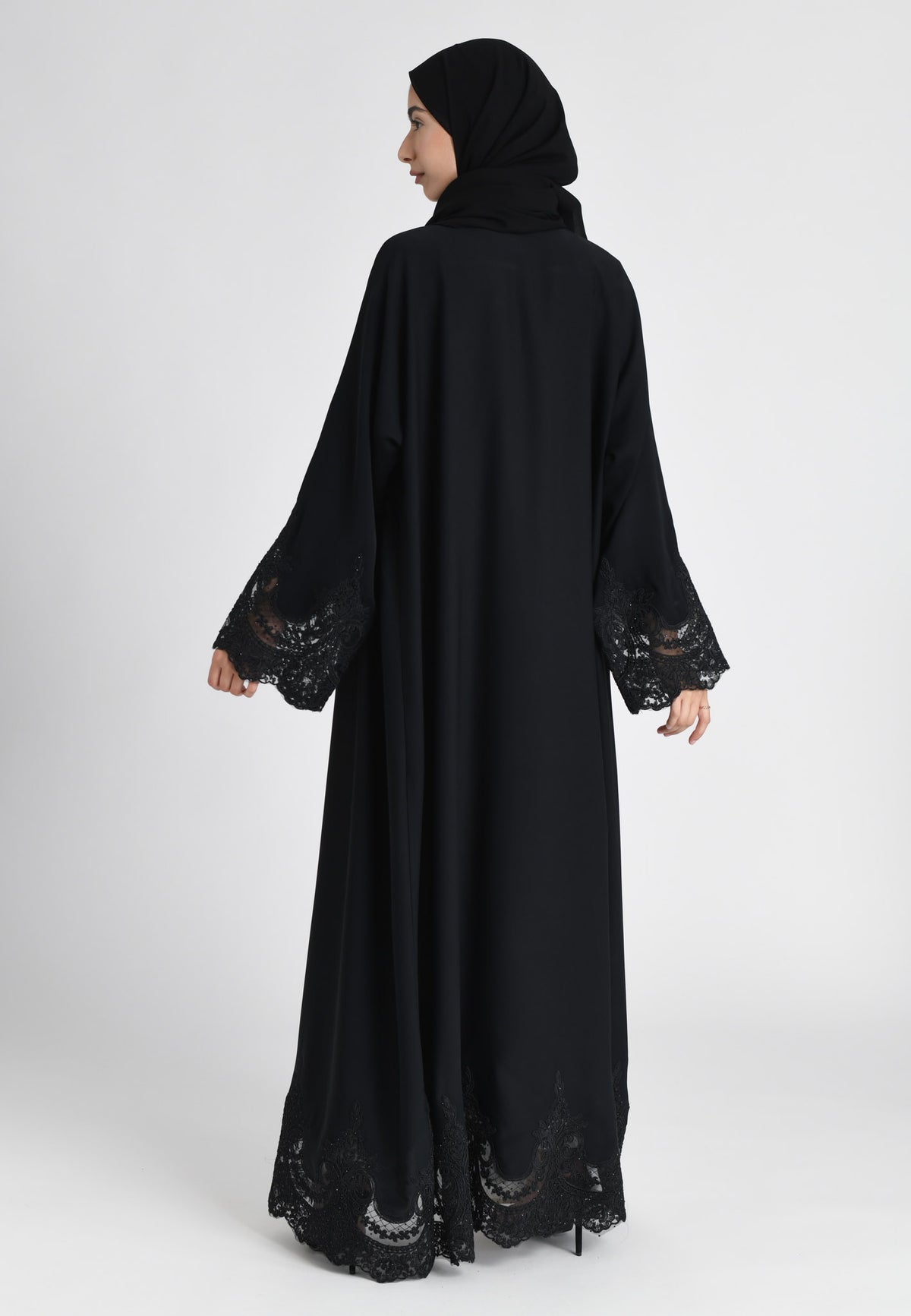 Elegant Black Net Lace Open Abaya