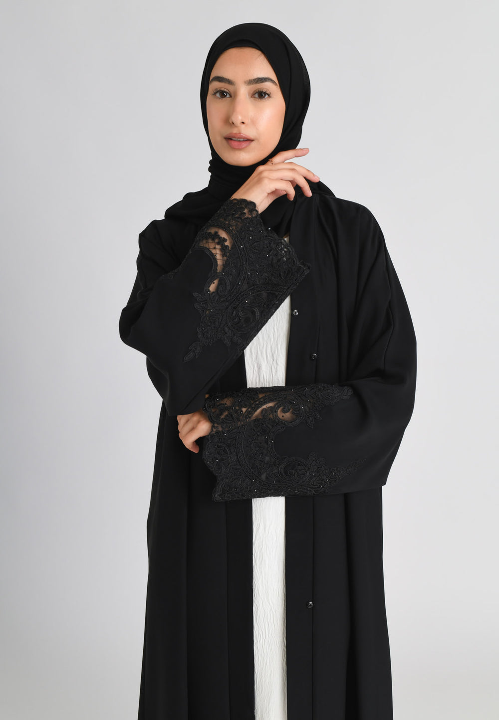 Elegant Black Net Lace Open Abaya