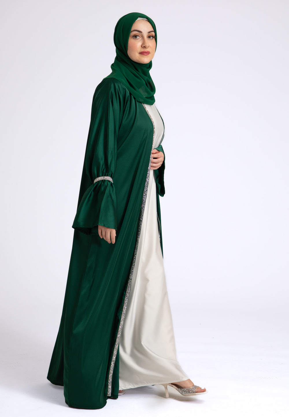 Emerald Green Satin Open Abaya Set
