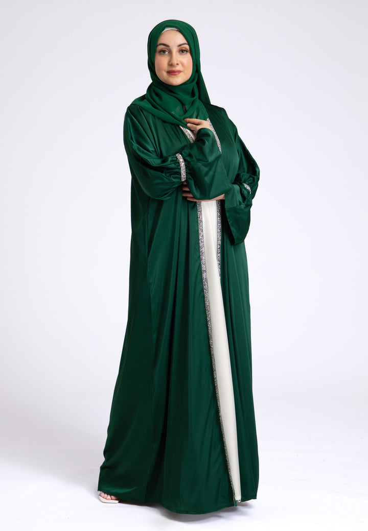 Emerald Green Satin Open Abaya Set