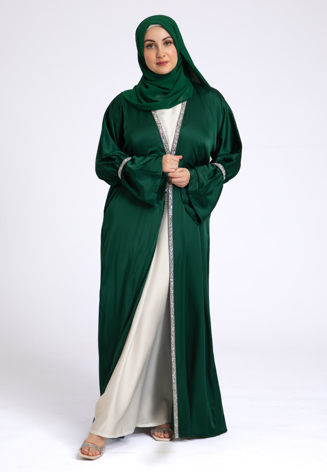 Emerald Green Satin Open Abaya Set 58 Emerald Green Satin Open Abaya Set 58