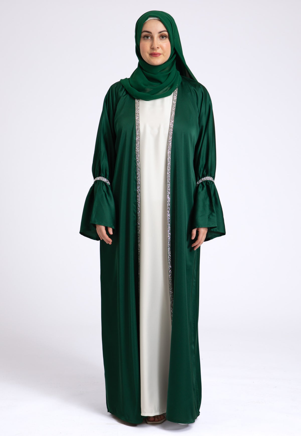 Emerald Green Satin Open Abaya Set