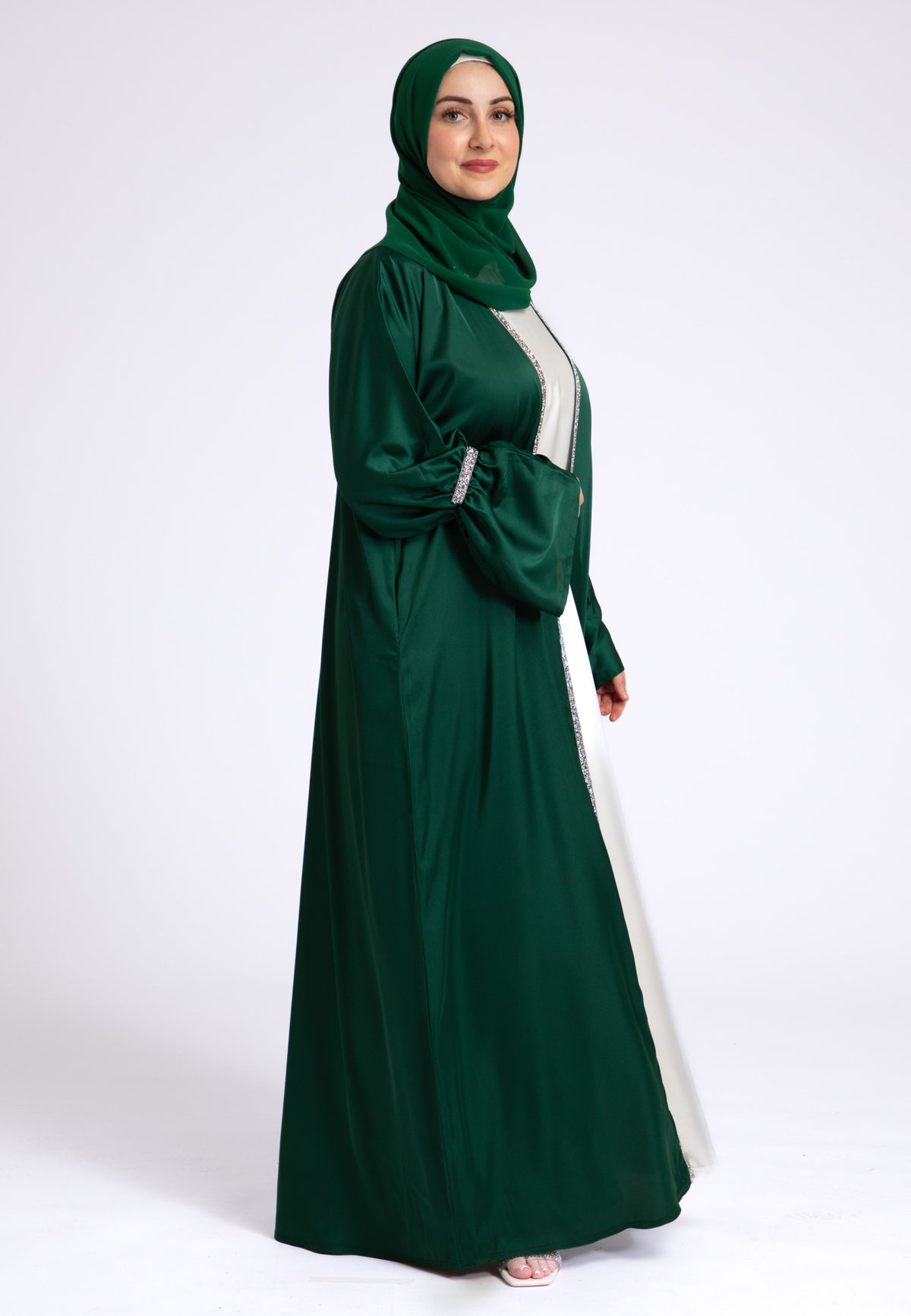 Emerald Green Satin Open Abaya Set