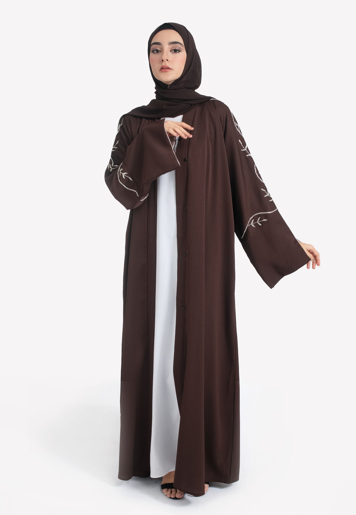 Brown Embellished Abaya - Front