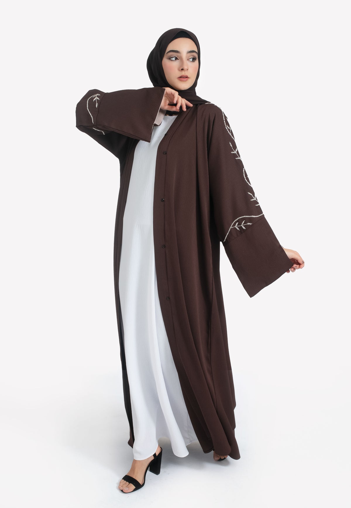 Brown Embellished Abaya - Front