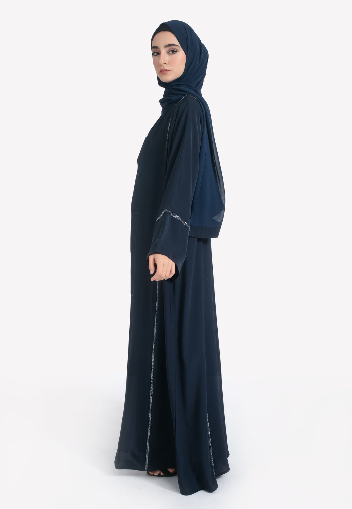 Side of Navy Embellished Open Abaya