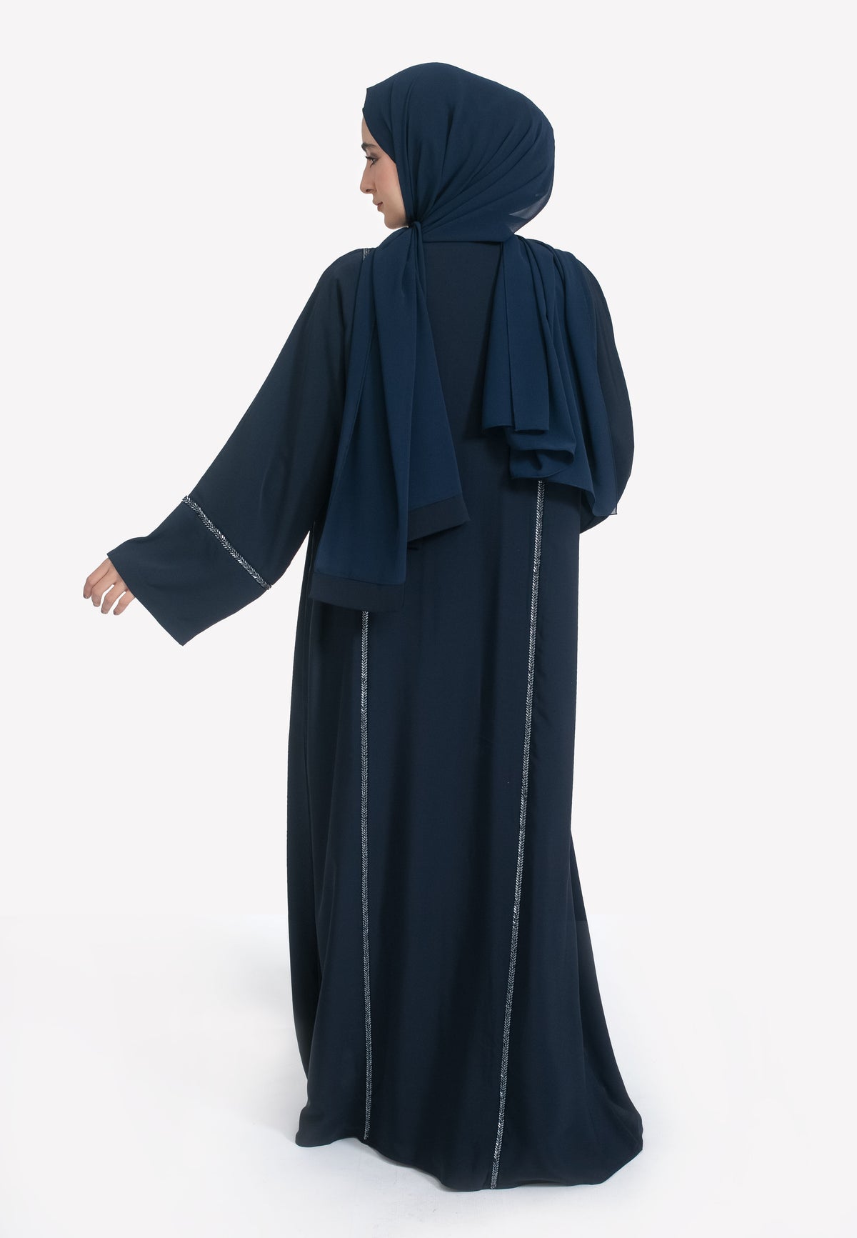 Back of Navy Embellished Open Abaya
