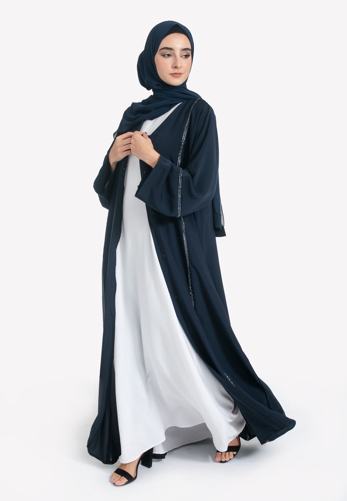 Everyday Navy Embellished Open Abaya