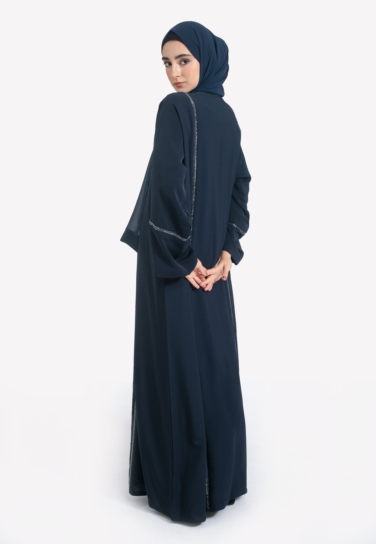 Back of Navy Embellished Open Abaya