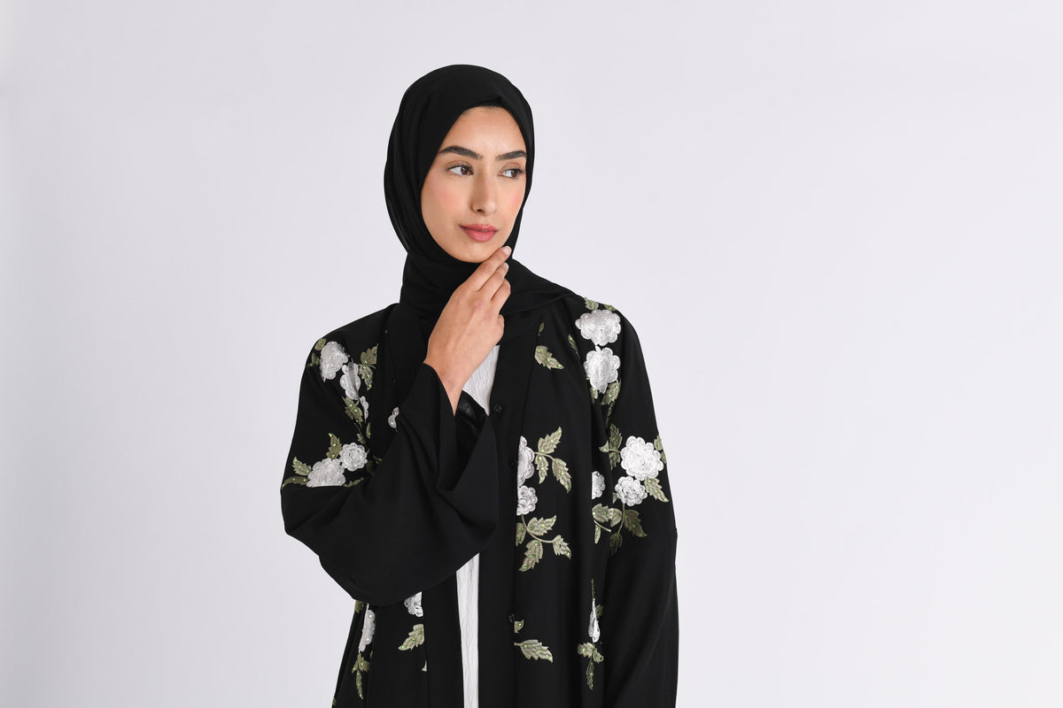 Floral Embroidered Kimono Open Abaya