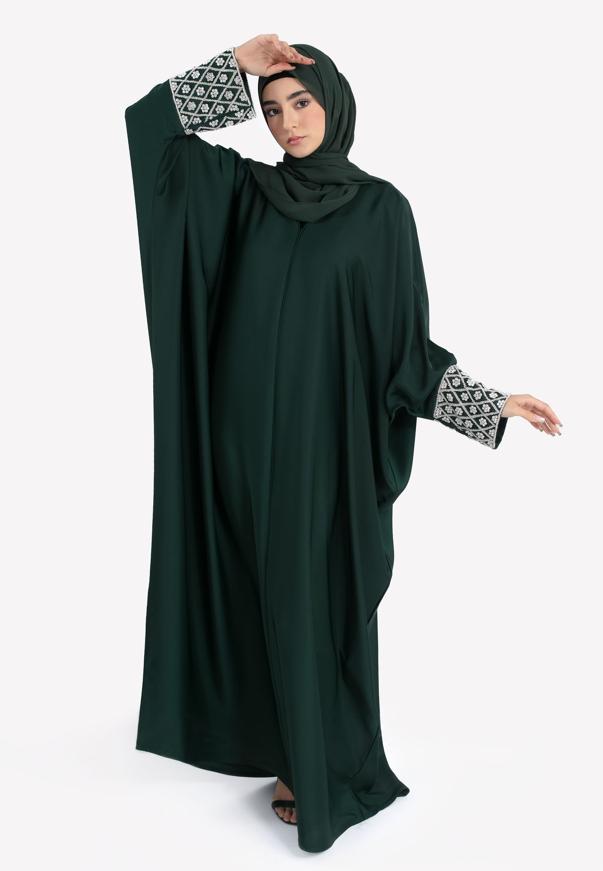 Forest Jewelled Cuffs Batwing Abaya - Front