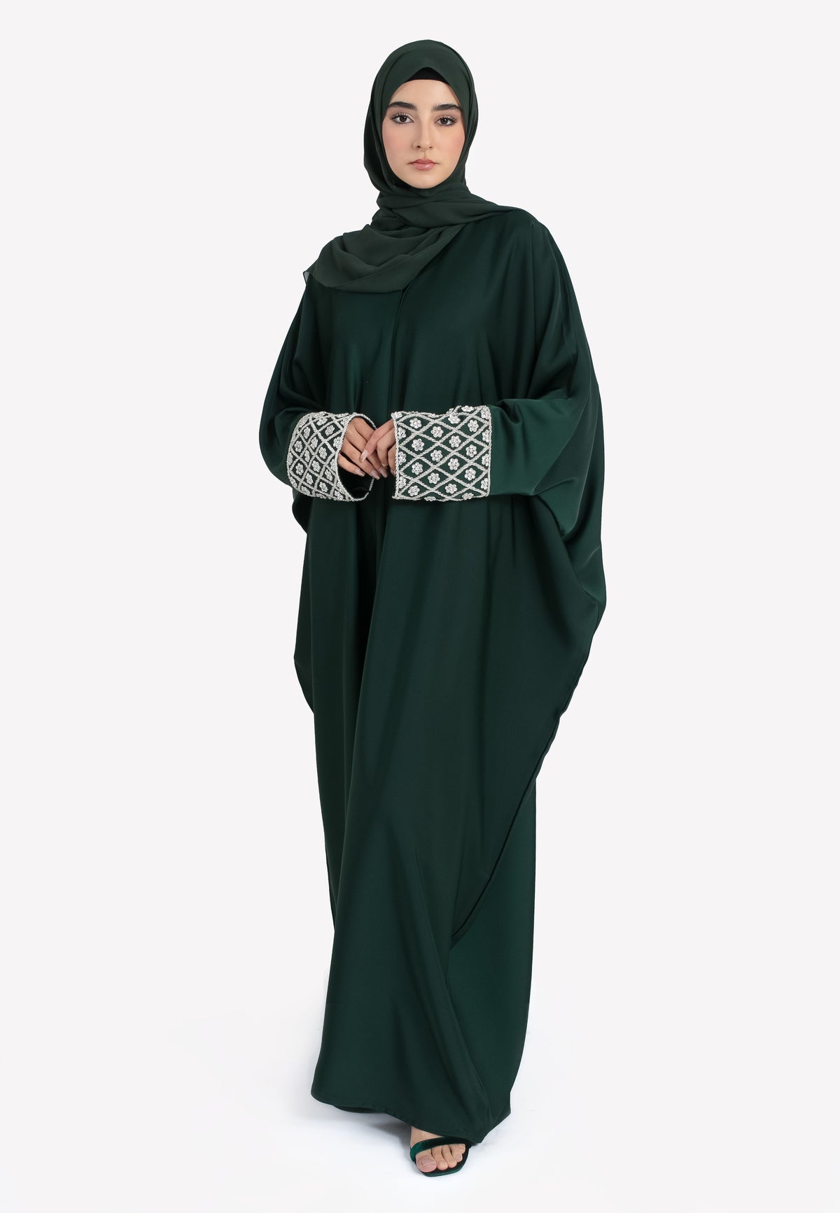 Forest Jewelled Cuffs Batwing Abaya - Front
