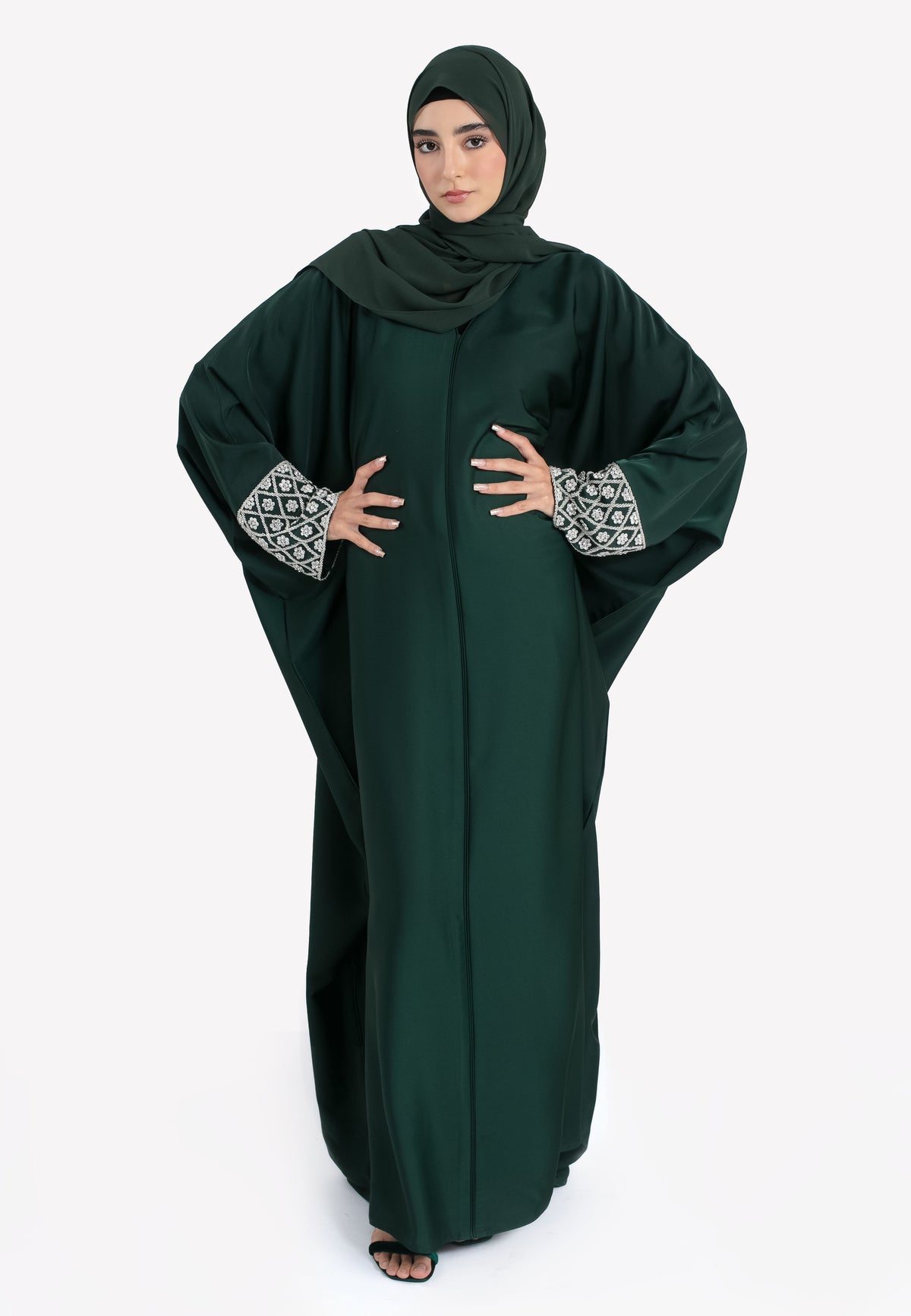 Forest Jewelled Cuffs Batwing Abaya - Front