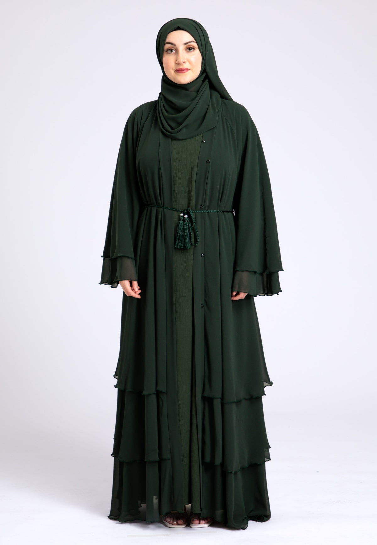 Forest Green 3 Layered Open Abaya