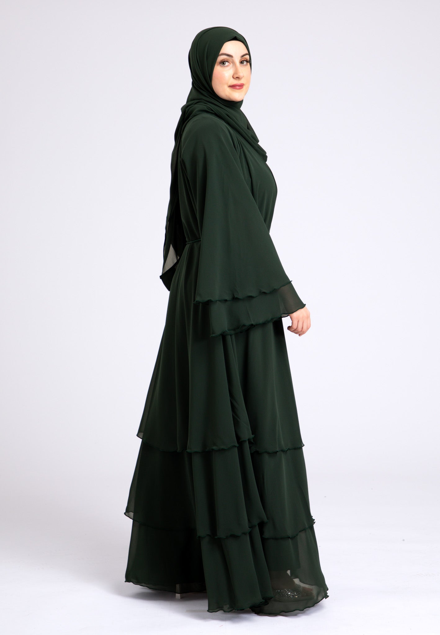 Luxury Forest Green 3 Layered Open Abaya | Hayah Al-Muslimah