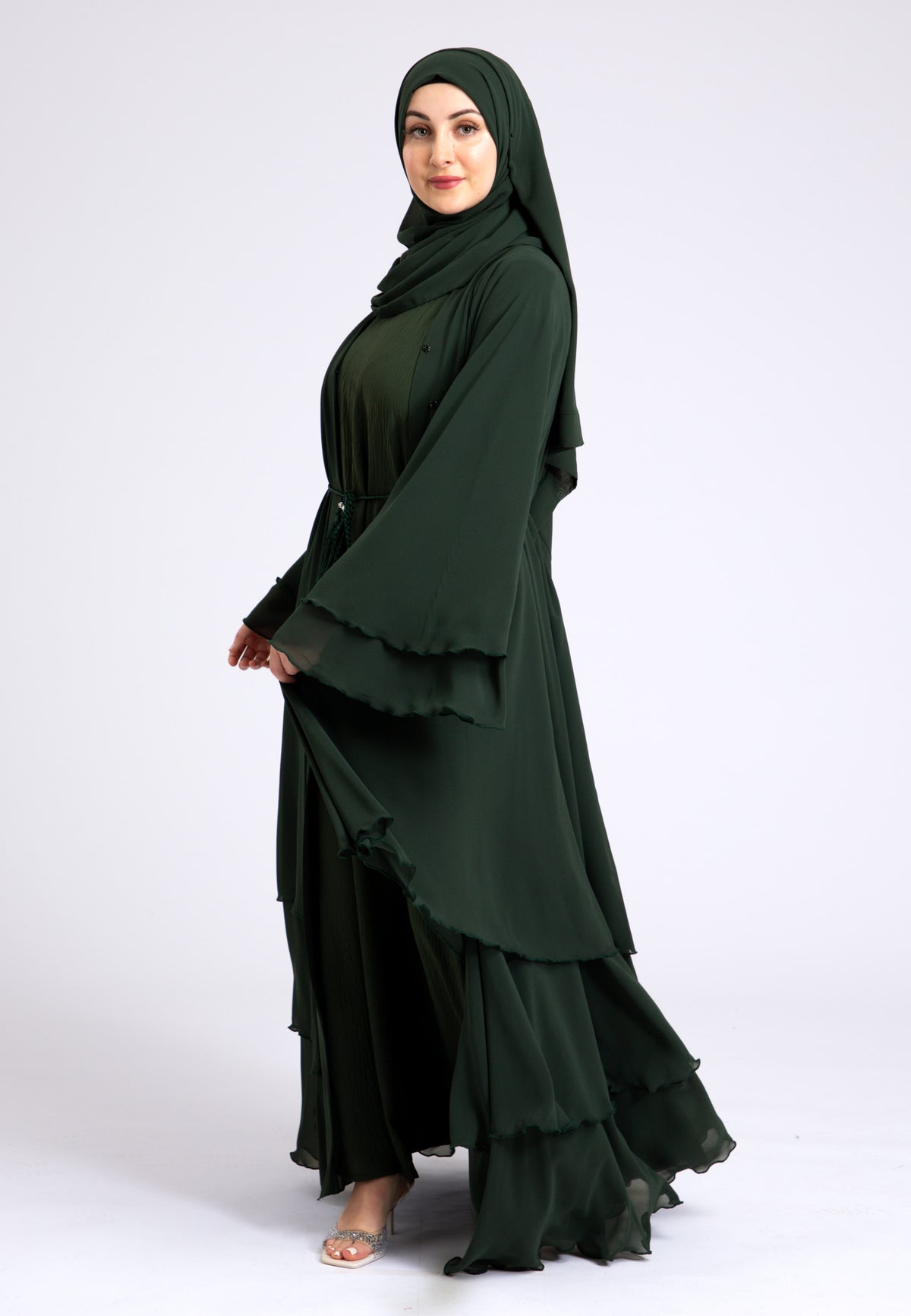 Forest Green 3 Layered Open Abaya