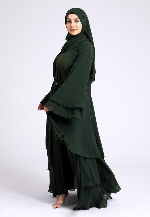 Luxury Forest Green 3 Layered Open Abaya with Inner Dress