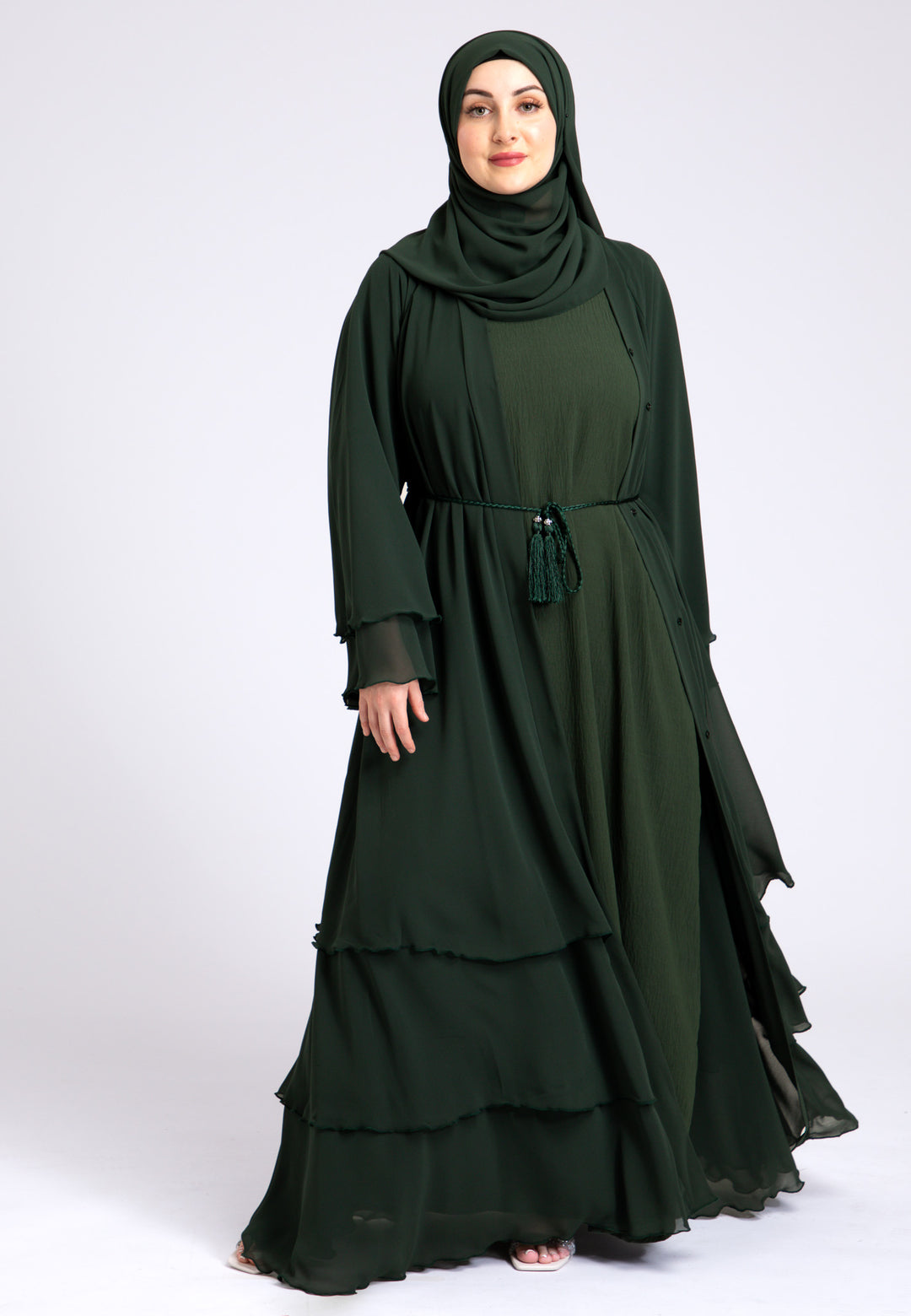 Forest Green 3 Layered Open Abaya