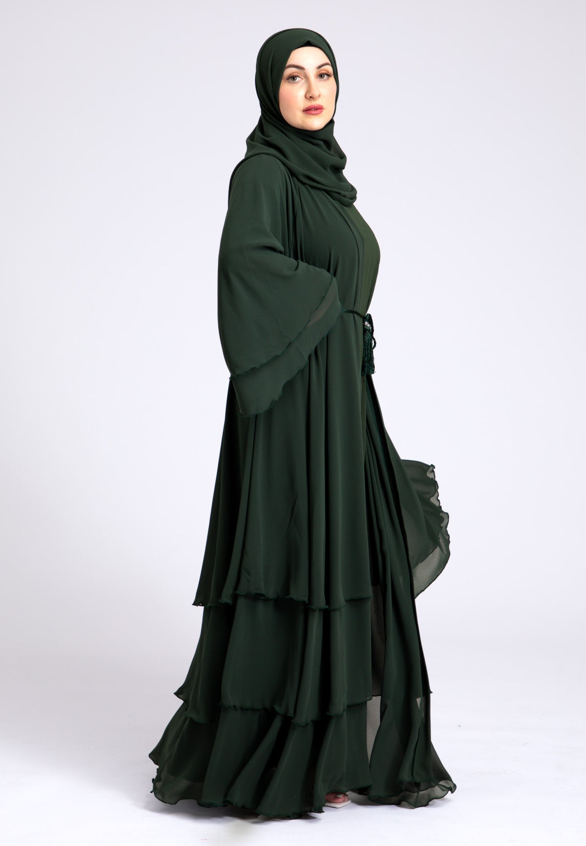 Forest Green 3 Layered Open Abaya