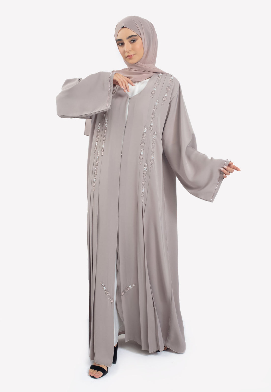 Front - Grey Pleated Abaya with Embellishments