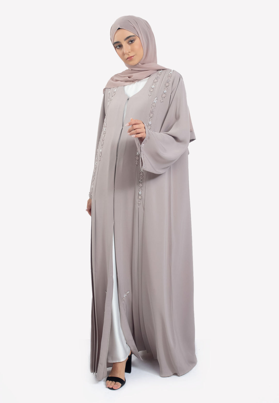 Grey Pleated Abaya with Embellishments