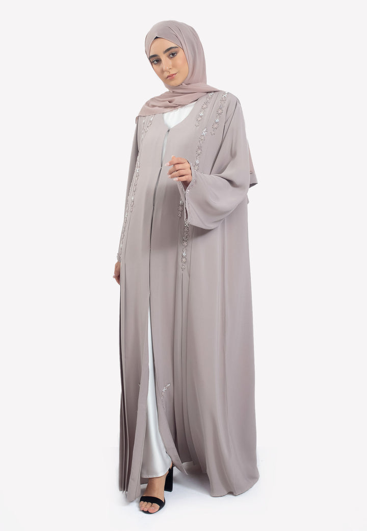 Grey Pleated Abaya with Embellishments
