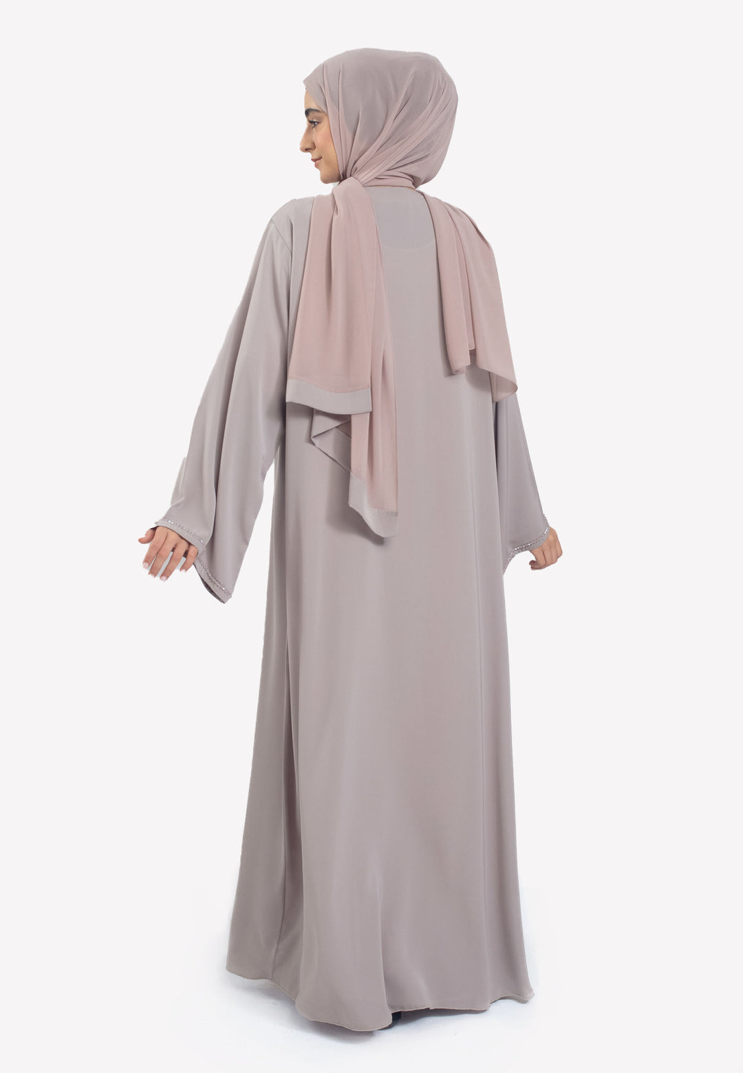 Back - Grey Pleated Abaya with Embellishments