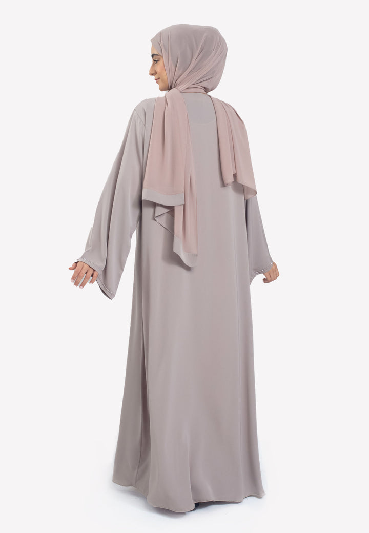 Back - Grey Pleated Abaya with Embellishments