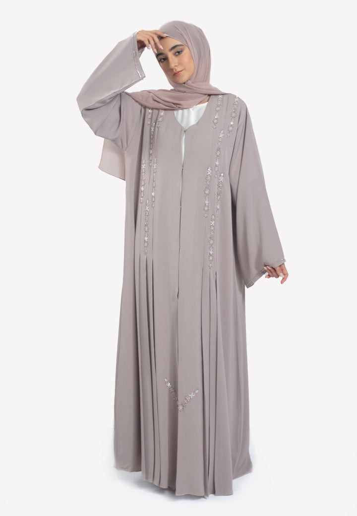 Grey Pleated Abaya with Embellishments