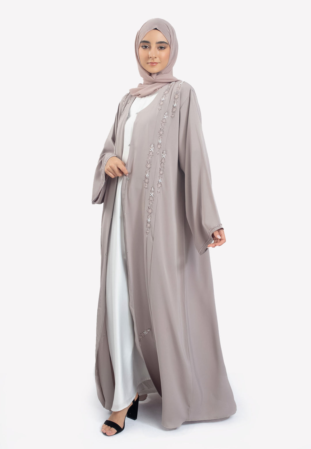 Side - Grey Pleated Abaya with Embellishments