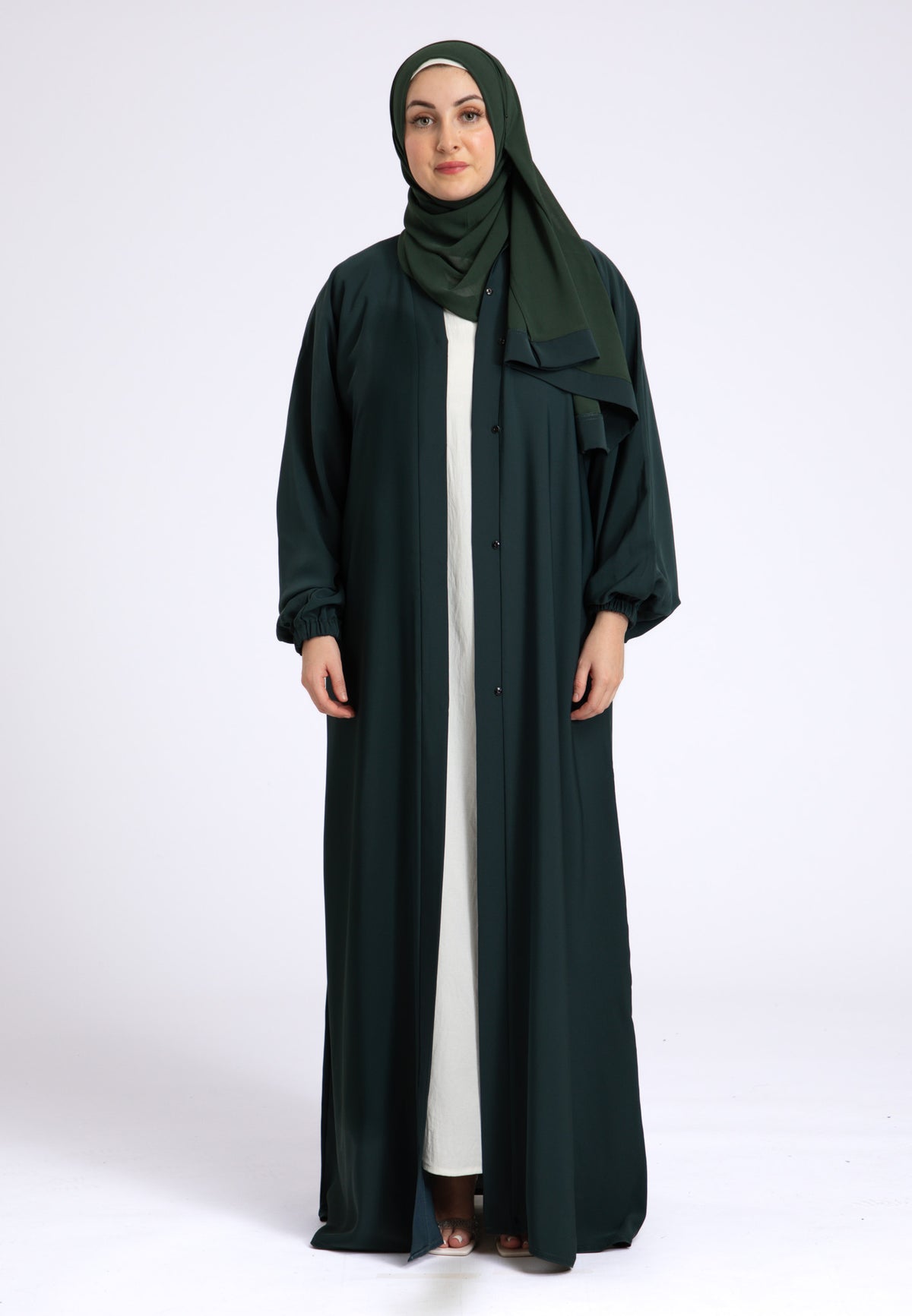 Green Plain Open Abaya With Elasticated Cuff Sleeves