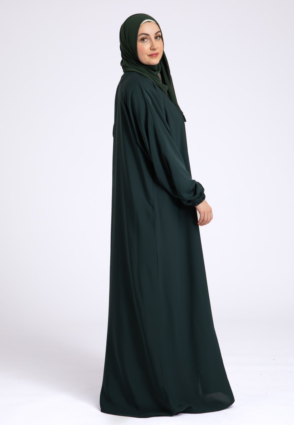 Green Plain Open Abaya With Elasticated Cuff Sleeves