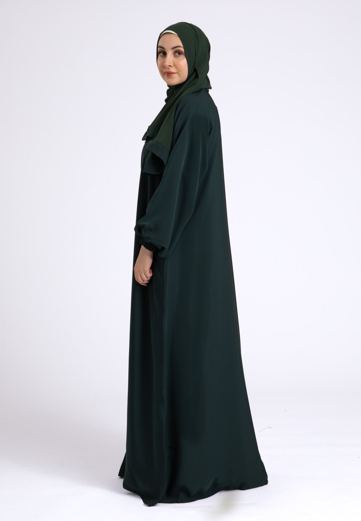 Green Plain Open Abaya With Elasticated Cuff Sleeves