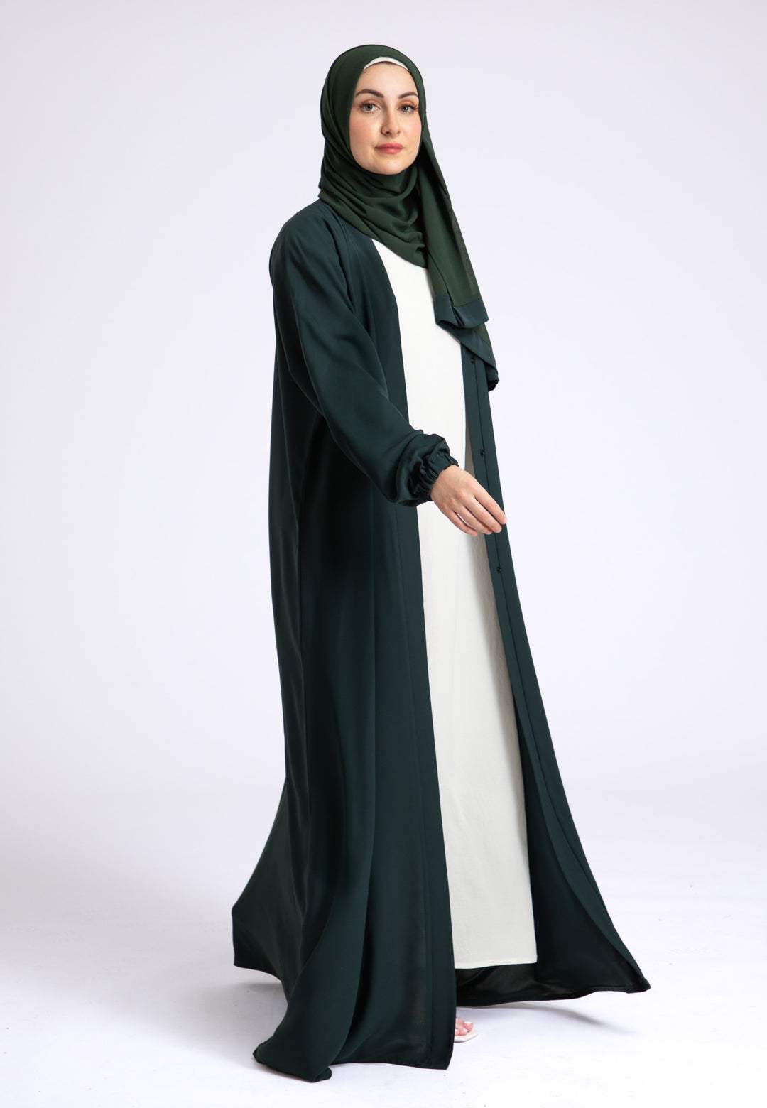 Green Plain Open Abaya With Elasticated Cuff Sleeves