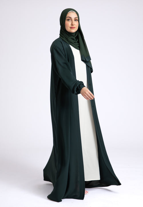 Petrol Green Plain Open Abaya With Elasticated Cuff Sleeves (Premium)