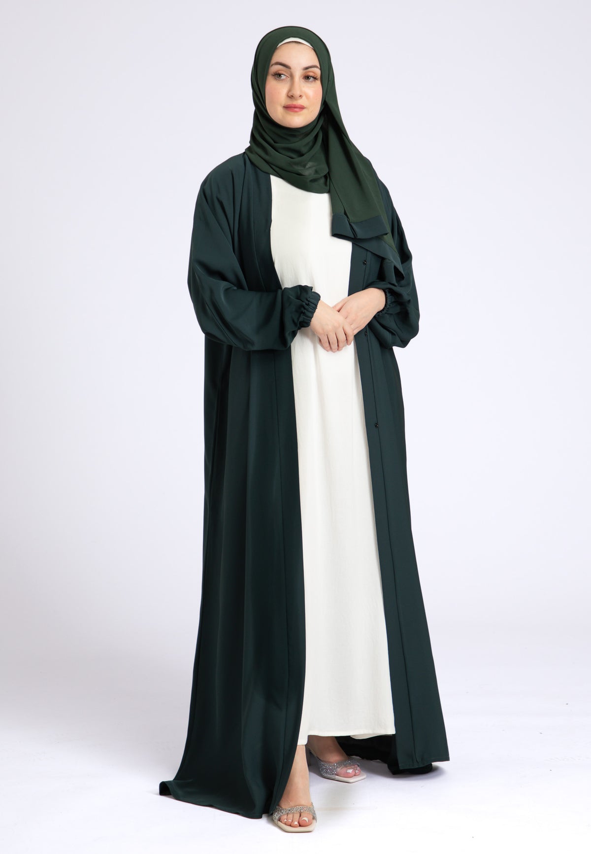 Green Plain Open Abaya With Elasticated Cuff Sleeves