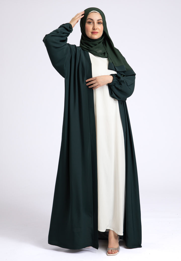 Green Plain Open Abaya With Elasticated Cuff Sleeves