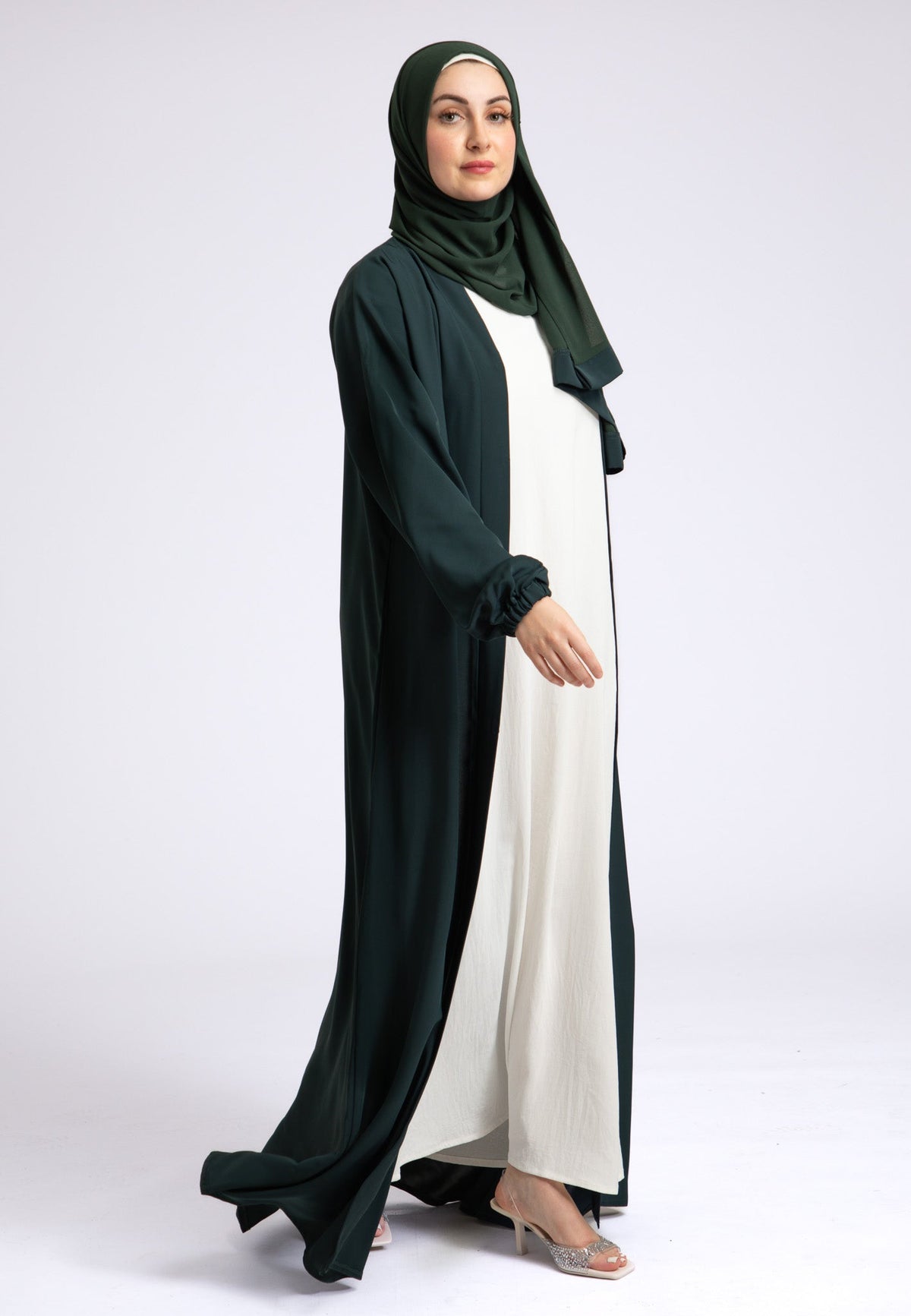 Petrol Green Plain Open Abaya With Elasticated Cuff Sleeves (Premium) Hayah Al-Muslimah
